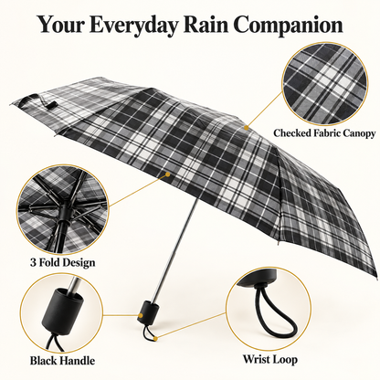 3 Fold Checked Mini Umbrella – Red Navy Purple Yellow Black Grey