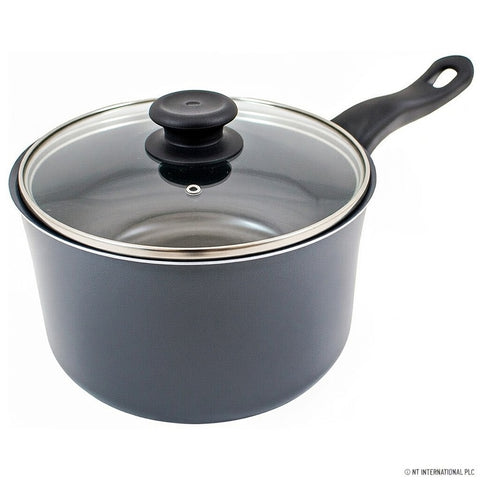 18cm Milk Pan with Glass Lid and Black Handle for Stovetop Cooking