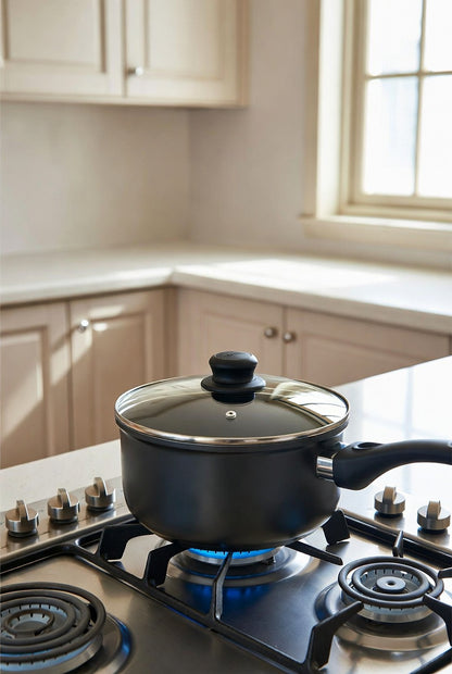 16cm Milk Pan with Glass Lid and Black Handle