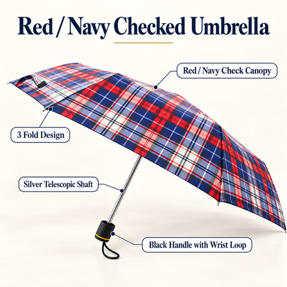 3 Fold Checked Mini Umbrella – Red Navy Purple Yellow Black Grey