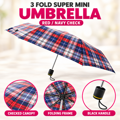 3 Fold Checked Mini Umbrella – Red Navy Purple Yellow Black Grey