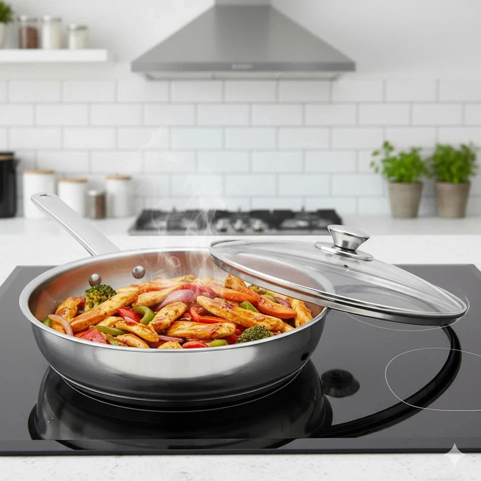 24cm Stainless Steel Fry Pan with Induction Base and Glass Lid
