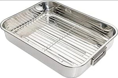 32cm x 23cm Stainless Steel Roasting Pan with Rack Oven Cooker Grill Pan