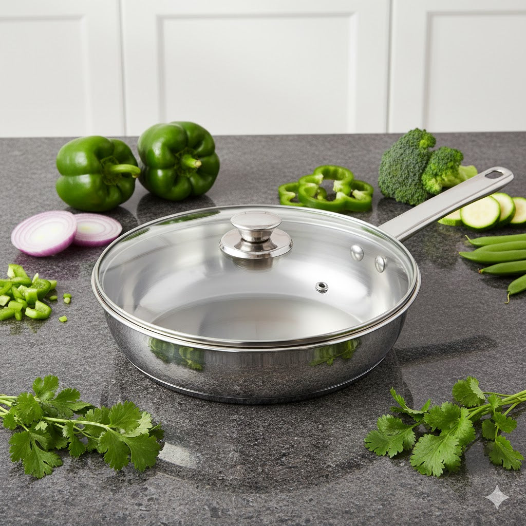 24cm Stainless Steel Fry Pan with Induction Base and Glass Lid