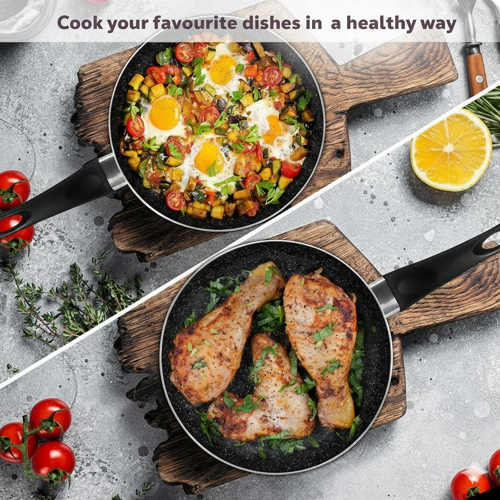 20cm Non-Stick Black Frying Pan with Induction Base – Ergonomic Handle, Easy-Clean Coating, Gas/Electric/Ceramic Compatible