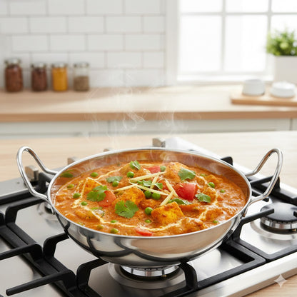 19cm Stainless Steel Balti Dish Kadai – Dual Handles, Polished Finish, Ideal for Cooking & Serving Curries