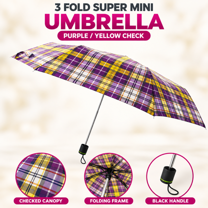 3 Fold Checked Mini Umbrella – Red Navy Purple Yellow Black Grey